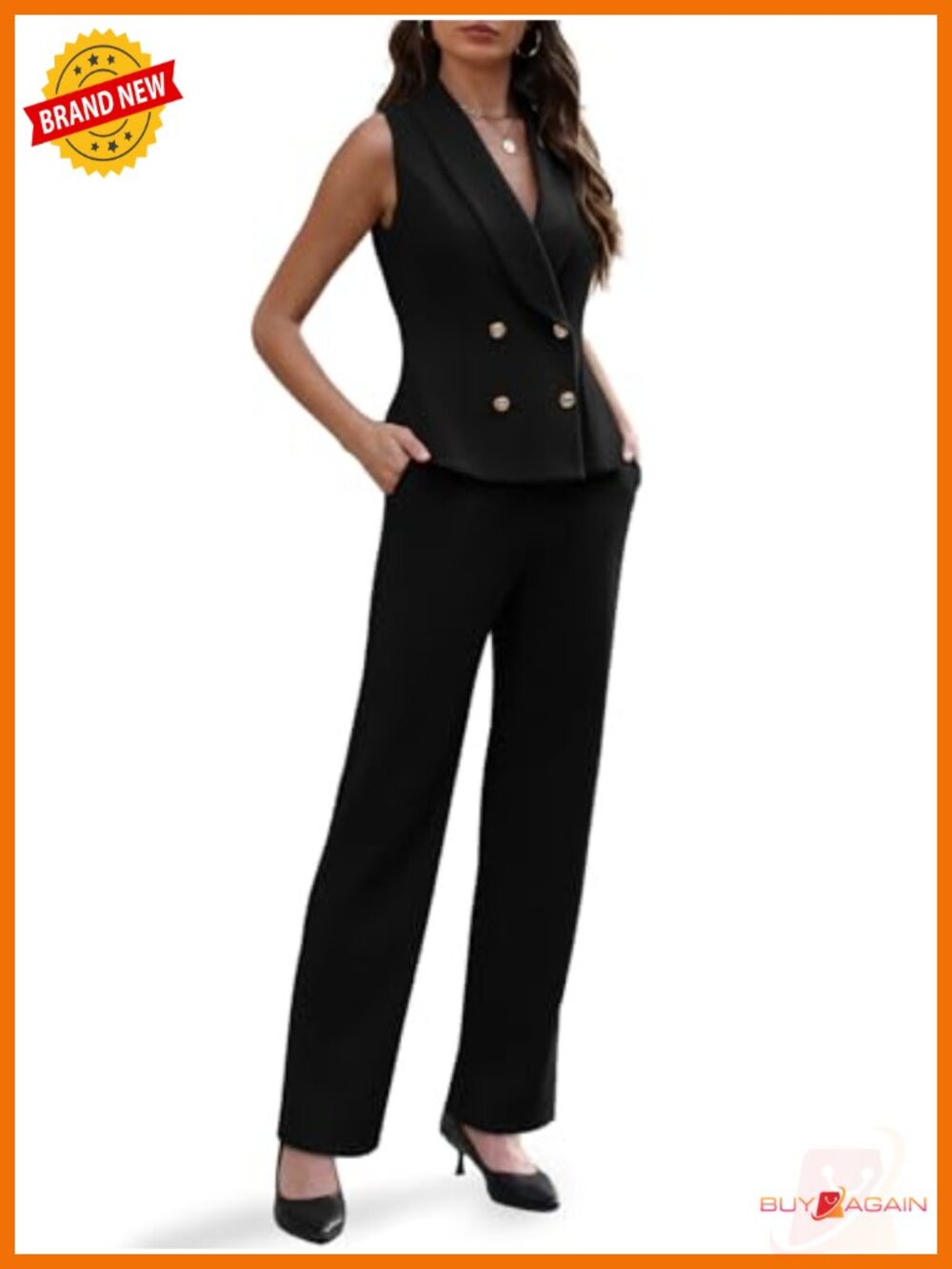 Sleeveless V-Neck Double Breasted Blazer Vest & Pants Suit Set for Work